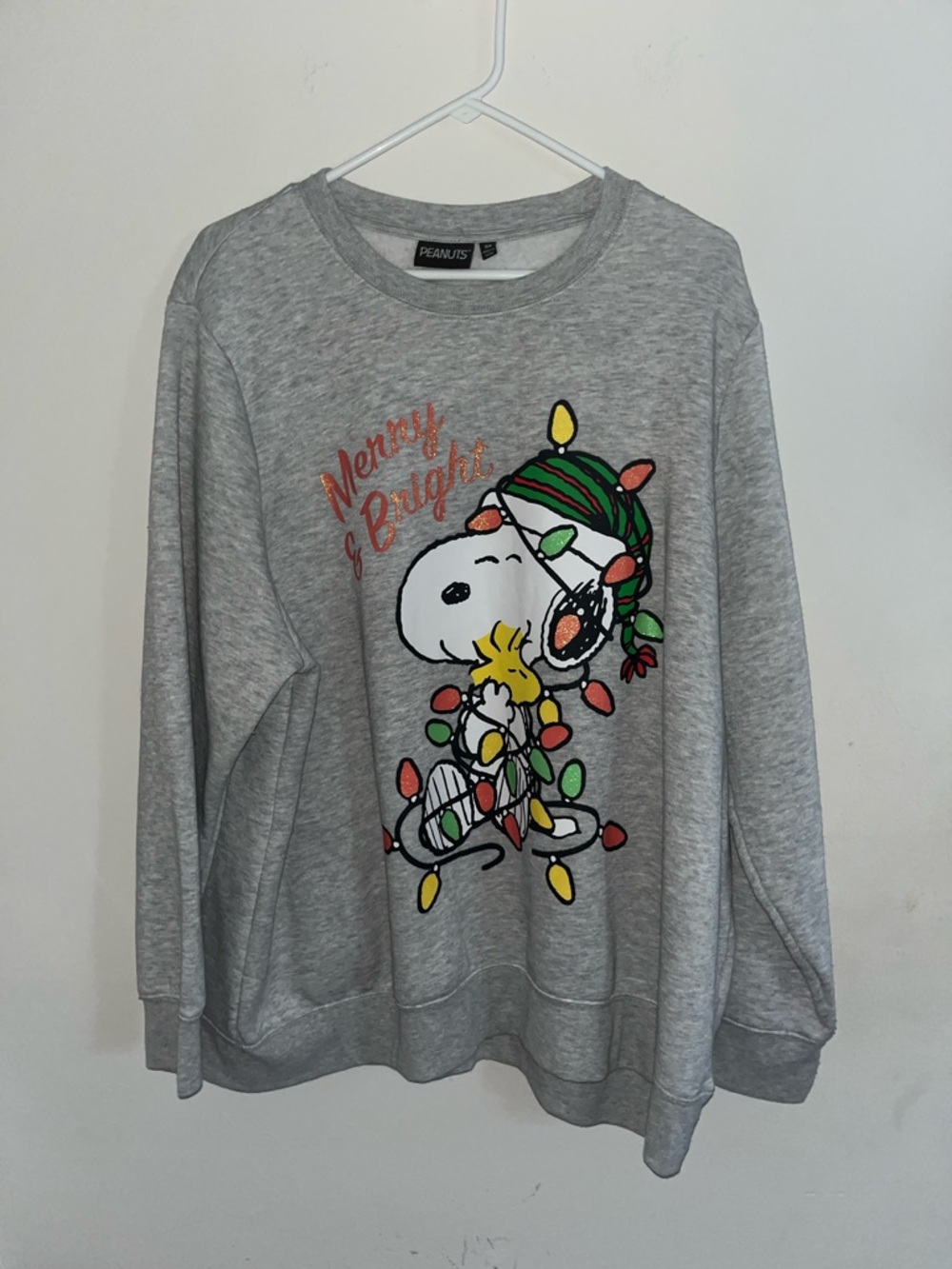 Peanuts Grey Crewneck Sweatshirt with Snoopy & Woodstock Holiday Lights